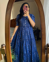 Kurta Blue Ikat Cotton Flair Middy Gown For Women