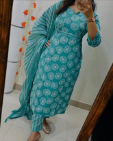 Kurta Aqua Blue Floral Cotton Suit Set With Printed Dupatta