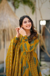 Elegant Mustard Green Ethnic Ensemble With Leaf Motif