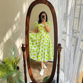 Fresh Lime Green Floral Puff-Sleeve Midi Dress