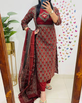 Elegant Maroon Block Print Cotton Suit Set