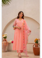 Pastel Peach Anarkali Suit with Embroidered Sleeves