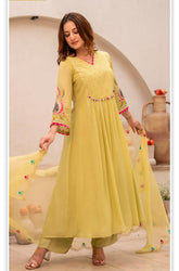 Lime Green Anarkali Palazzo Set with Embroidered Details