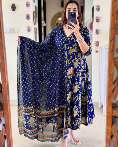 Anarkali Kurta Set With Angrakha Style For Women( Blue )