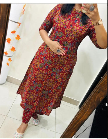 Traditional Maroon Printed Straight Co Ord Set