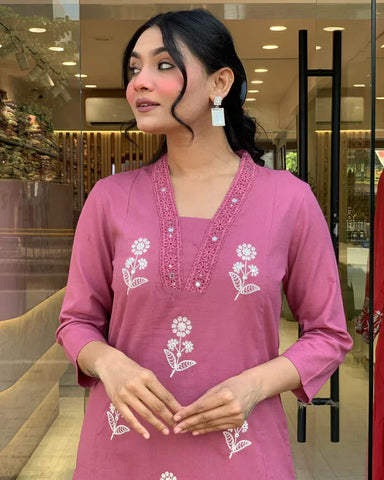 Charming Rose Pink Floral Embroidered Cotton Suit Set
