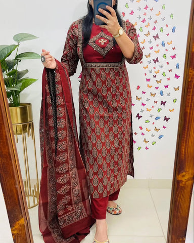 Elegant Maroon Block Print Cotton Suit Set