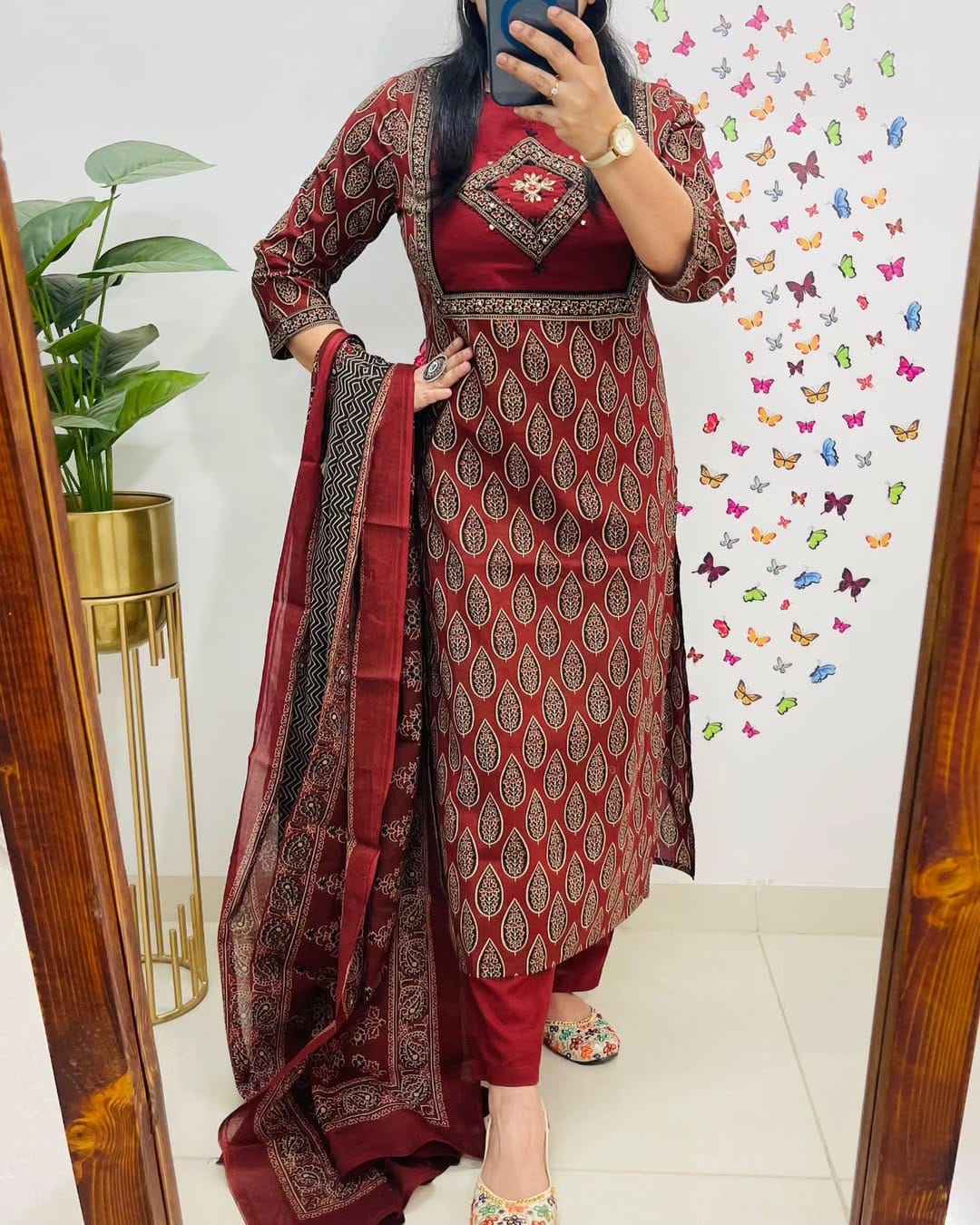 Elegant Maroon Block Print Cotton Suit Set