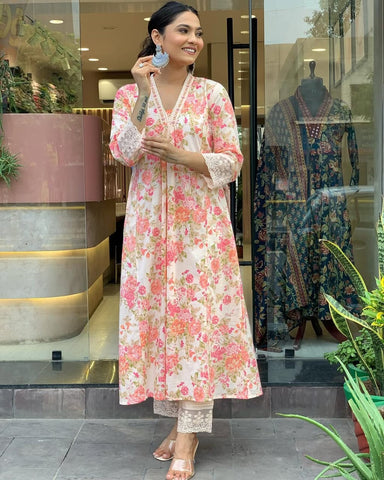 Classy Summer Collection Pure Cotton Mughal Butta Print Anarkali Kurti Paired With Cotton Pants